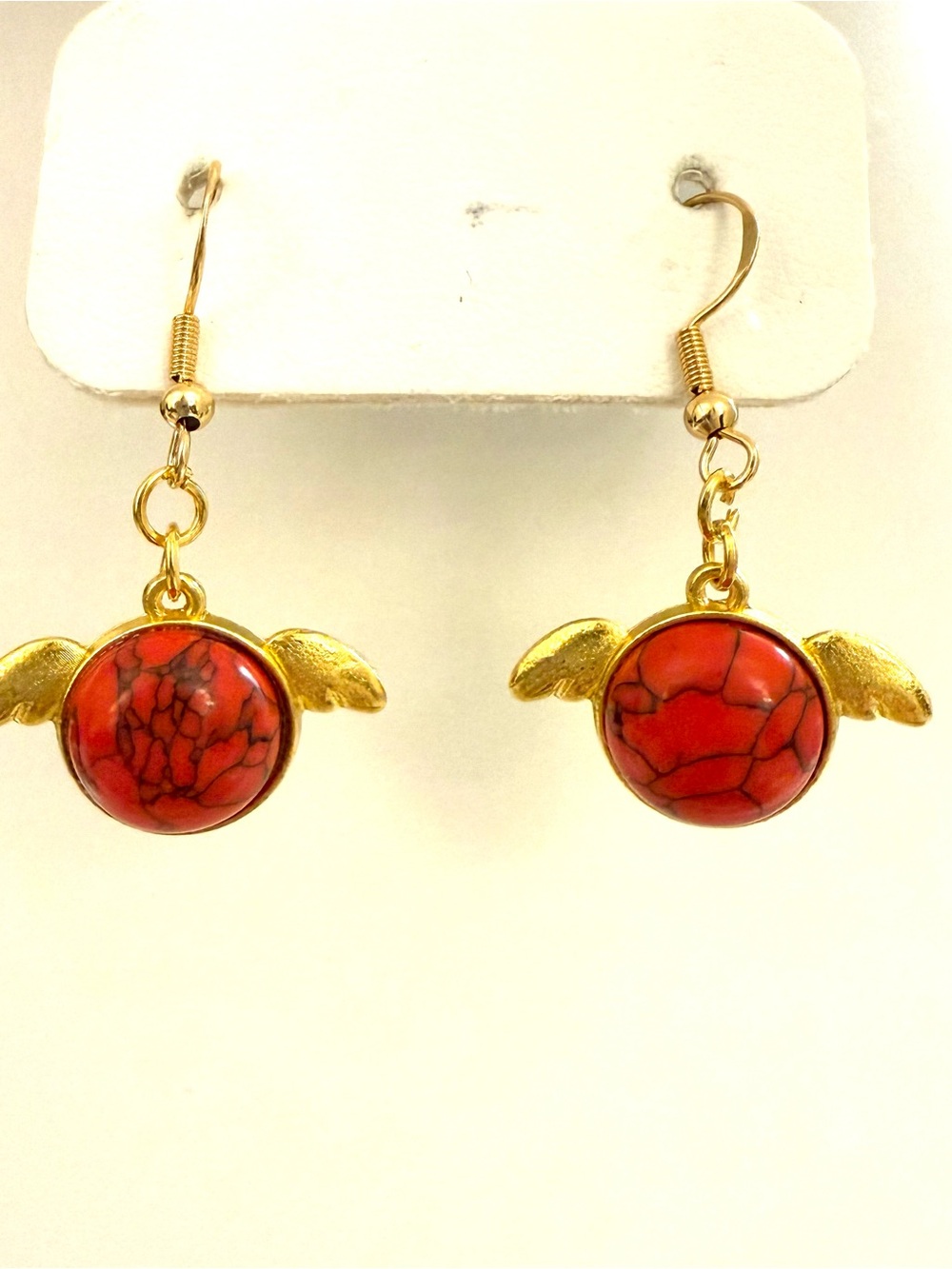 925 Sterling Silver Gold Plated With Red Stone Angel Wing Dangle Earrings Boho